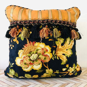 Vintage Black Floral Striped Print Throw Pillow w/ Tassels & Twisted Cording